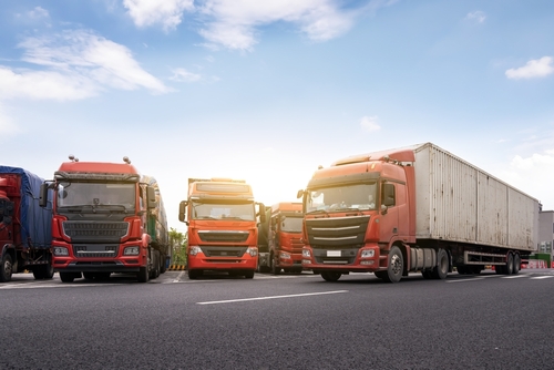 Row of red and white semi-trucks parked side by side in a truck stop under the morning sun.