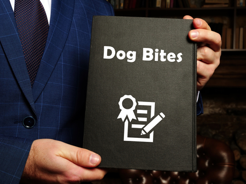 A lawyer holding a book labeled dog bites, representing legal guidance provided by a Houston dog bite lawyer.