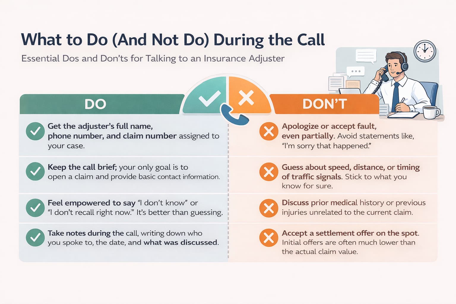 Insurance adjuster call do and don't infographic explaining what to say and avoid when speaking with an insurance adjuster after an accident claim