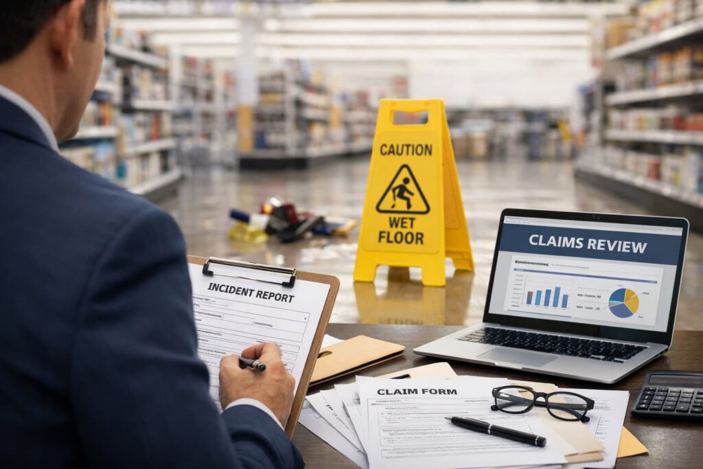 Sedgwick retail injury claim investigation scene showing incident report paperwork and wet floor warning sign in a large retail store