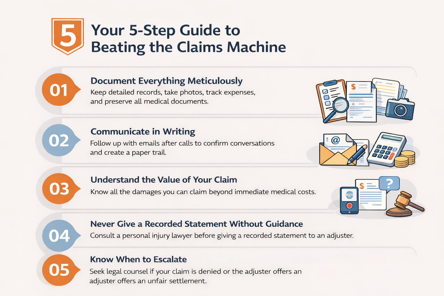 5 Step Guide to Beating Sedgwick Claims Tactics After Walmart or Target Injury 5 step guide to beating the Sedgwick claims machine infographic showing documentation, written communication, claim value, recorded statements, and escalation steps