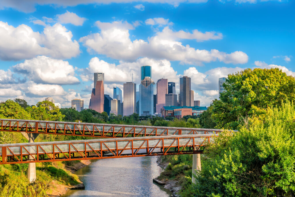 Downtown Houston skyline in Texas USA with bluesky